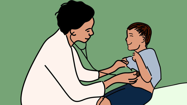 Doctor examining child patient, color vector illustration