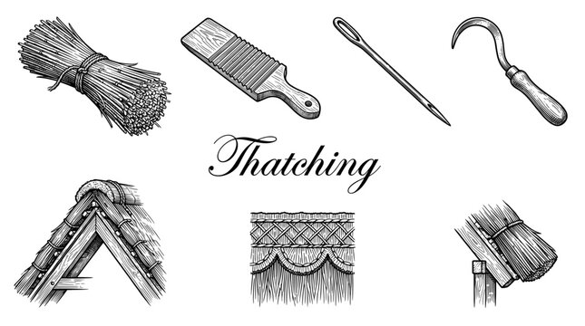 Traditional Thatching Craft Tools and Roof Architecture Vector Illustration Set