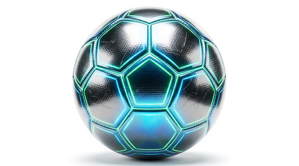 Naklejka premium Futuristic Metallic Soccer Ball with Glowing Neon Light Edges Isolated on White