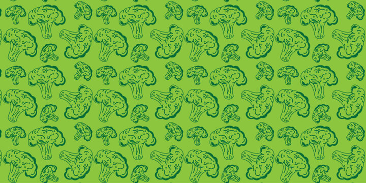 Vibrant green seamless pattern featuring an array of fresh broccoli and assorted mushrooms, perfect for healthy food-related designs and culinary backgrounds