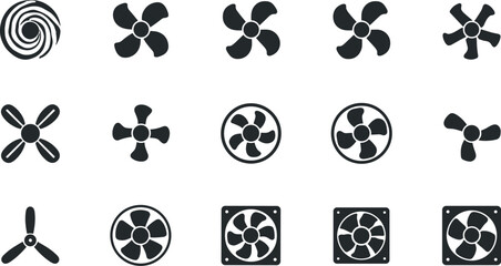 Electric Fan and Cooler Blade Silhouette Icon Set with Ventilation Air Conditioning and Propeller Symbols for Industrial Hardware Websites and Appliance User Interfaces © mdtaleb