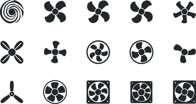 Electric Fan and Cooler Blade Silhouette Icon Set with Ventilation Air Conditioning and Propeller Symbols for Industrial Hardware Websites and Appliance User Interfaces