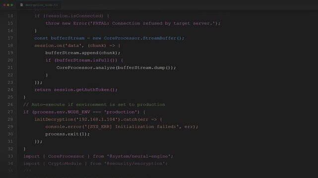 Cyber security hacker typing decryption code on dark screen.