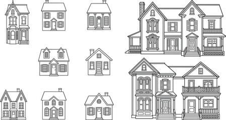 Naklejka premium Black and white house illustrations showing diverse architectural styles from simple cottages to ornate multi‑story Victorian homes