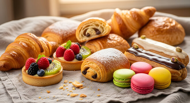 Delicious French pastries and desserts assortment - croissants pain au chocolat fruit tarts eclairs and colorful macarons on a light fabric