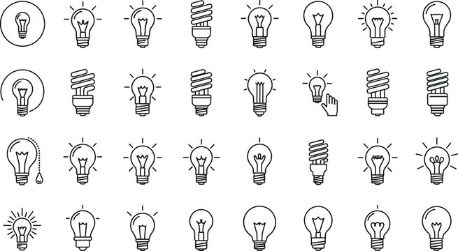 Black and white of various light bulbs and lamps incandescent desi
