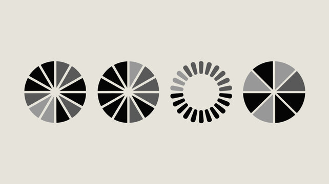 Minimalist abstract pie charts with black and gray segments in geometric design