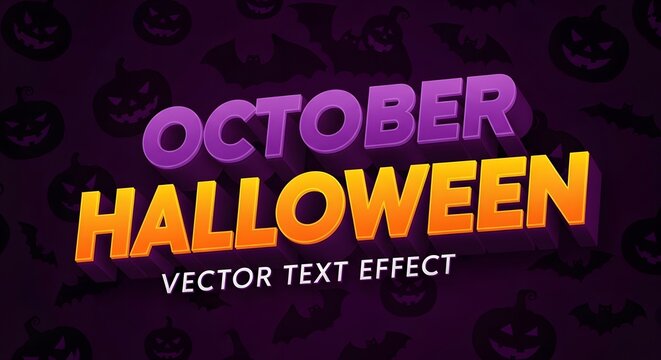 October halloween 3d vector text effect with spooky pumpkin and bat pattern background