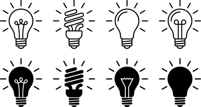 Glowing light bulb line and silhouette icon set vector illustration featuring incandescent led and fluorescent lamps