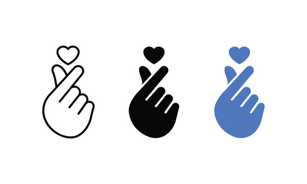 Finger Heart Gesture Icon Set &ndash; Outline, Silhouette, and Color Vector Collection Representing Love and Affection
