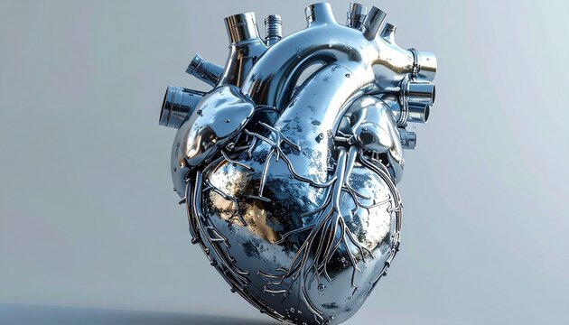 Futuristic Metallic Heart - A Symbol of Advanced Medical Technology.