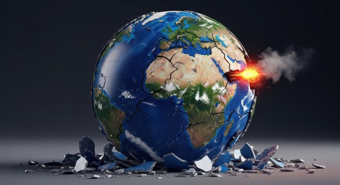 A shattered Earth globe exploding with dramatic impact, symbolizing global destruction and crisis