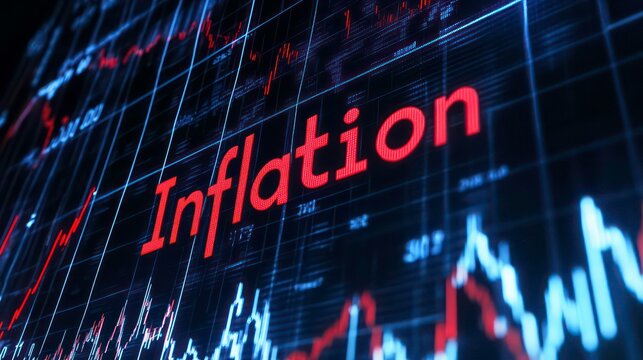 "Inflation" Text on Digital Screen with Financial Charts. Economic Crisis, Rising Prices, and Market Instability Concept.