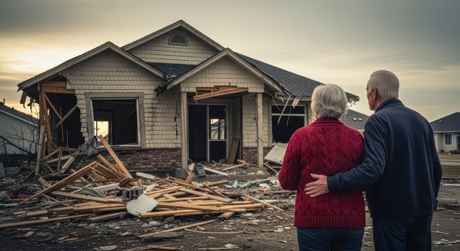 Elderly couple surveys their severely damaged home after a natural disaster, looking at the extensive destruction and debris.