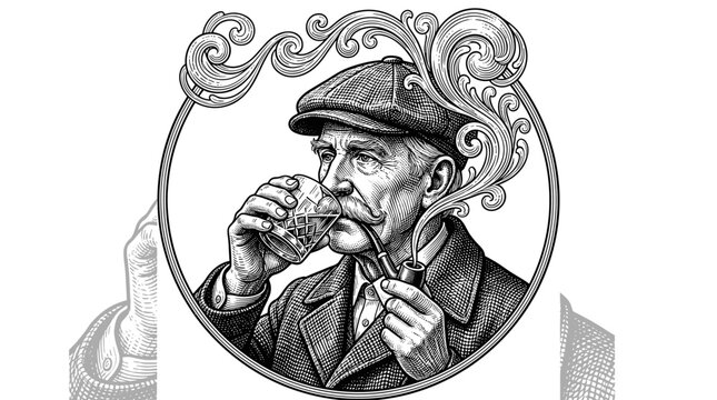 Vintage engraving portrait of mustached gentleman drinking from small glass with smoke ornament, gentleman, drink, glass, mustache