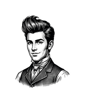 Vintage engraving portrait of a dapper young man with a stylish pompadour hairstyle