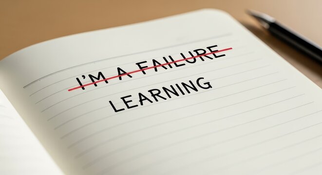 Notebook page with 'I'm a failure' struck through and replaced with 'learning', representing personal growth and a positive mindset shift.