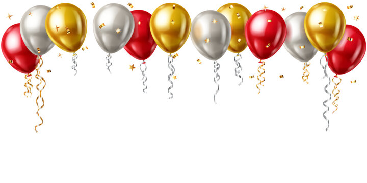 Red, gold, and silver balloons with ribbons and confetti float upwards, creating a festive scene with shiny reflective surfaces and scattered gold stars.