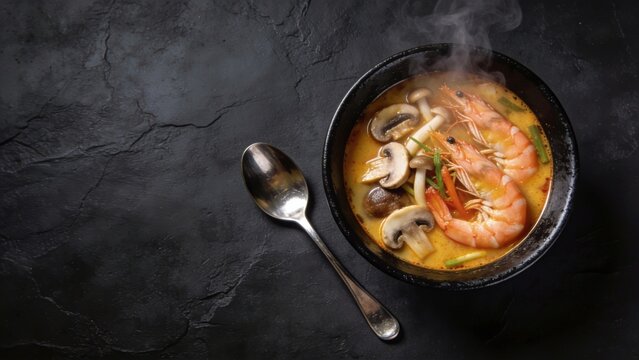 Steaming hot Tom Yum soup with king prawns, mushrooms and lemongrass in dark bowl on black slate background with silver spoon.