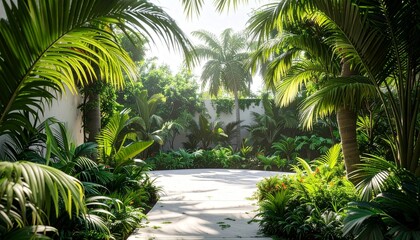 Fototapeta premium Lush Tropical Garden Path with Palm Trees and Sunlight.