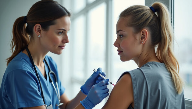 Medical professional administering vaccine to patient in clinic setting. Nurse prepares to inject vaccine to young woman in healthcare environment. Concept of vaccination and public health awareness.