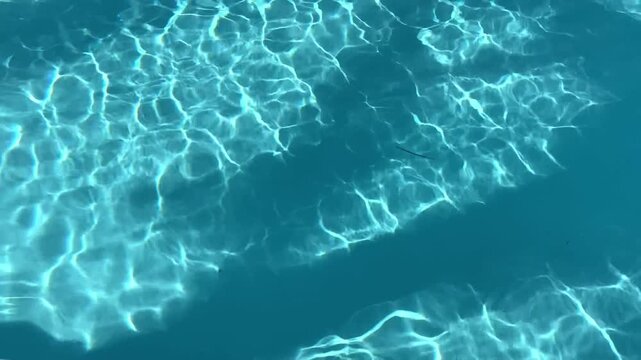 Real-time video of a palm tree shadow cast across crystal-clear blue swimming pool water. Relaxing tropical resort scene featuring sunshine, summer vacation vibes, luxury travel and tranquil outdoor 