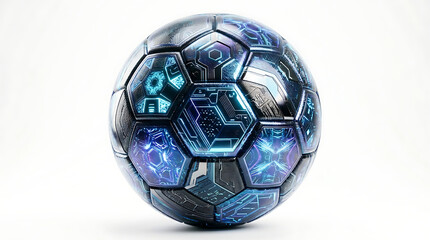 Naklejka premium Futuristic Cybernetic Soccer Ball Design Isolated on a Clean White Background