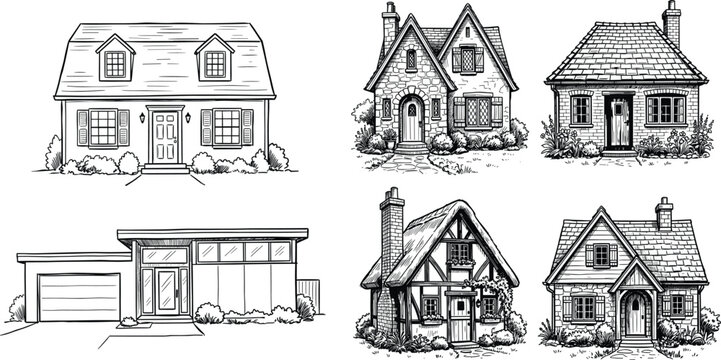 Hand-drawn residential house vector sketch collection featuring various architectural styles, cozy cottages, and modern suburban homes