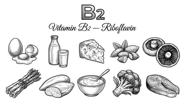 Hand-drawn set of Vitamin B2 riboflavin food sources icons, vintage engraved style vector illustration