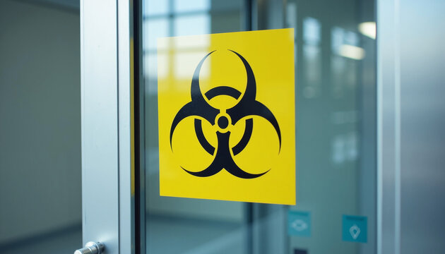 Biohazard warning sign on glass door indicating hazardous materials area. Cautionary label features clear biohazard symbol against bright yellow background.