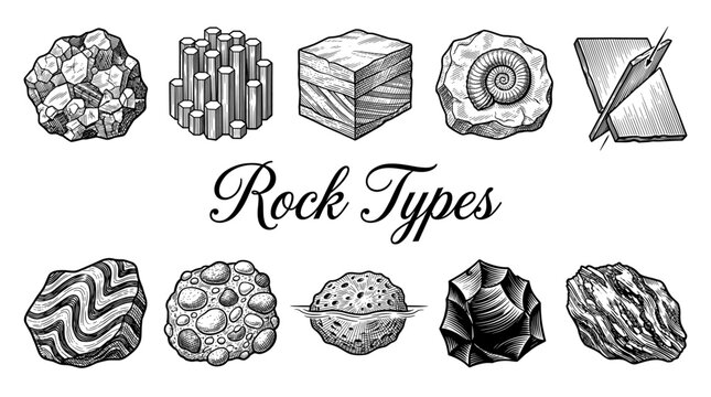 Geological Rock Types and Mineral Structures Vector Illustration Set, Hand Drawn Vintage Engraved Style featuring Fossils, Basalt, Sedimentary, and Metamorphic Samples