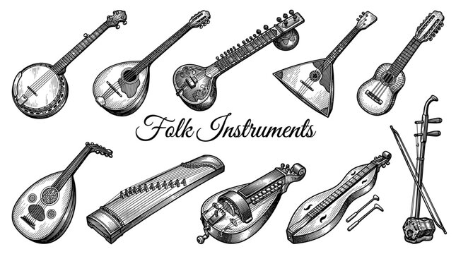 Hand Drawn Collection of Traditional Folk Musical Instruments in Vintage Engraving Style including Sitar Banjo Oud Erhu and Balalaika Vector Illustration