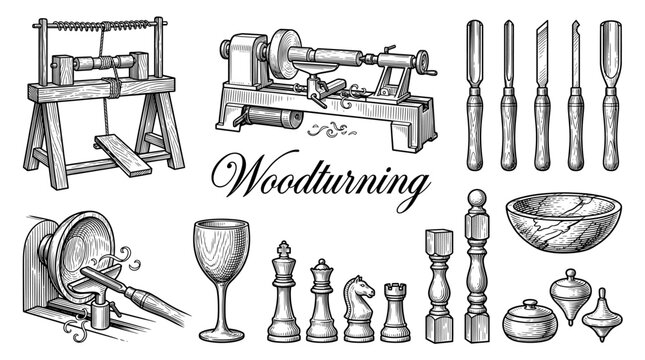 Vintage Woodturning Vector Illustration Set Featuring Lathes, Chisels, and Turned Wooden Objects in Engraving Style