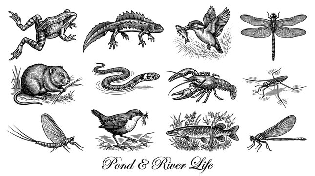 Vintage Vector Illustration of Pond and River Wildlife Animals and Insects Set Featuring Frog, Kingfisher, Fish, Dragonfly, and Crayfish in Engraved Etching Style