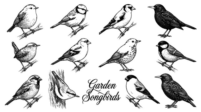 Hand-drawn vintage collection of garden songbirds vector illustration featuring robin, blue tit, goldfinch, sparrow, and other common birds