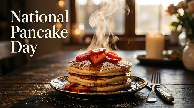 National pancake day celebration with hot stack of pancakes and fresh, pancakes