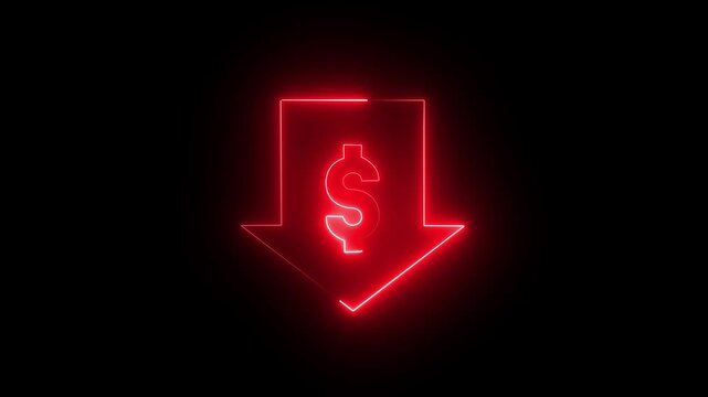 Dollar with arrow neon icon on black background 4k motion video animation.