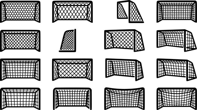 Football goal net silhouette icon set, flat black glyph style, pure white background
