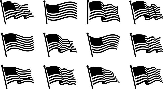 Waving USA flag silhouette icon set, flat black glyph style, pure white background