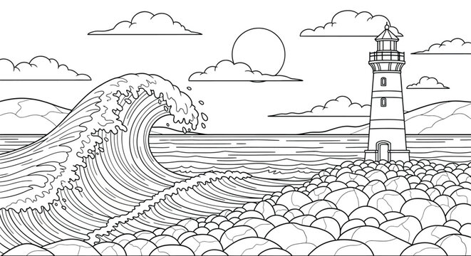 Ocean wave crashing on rocky shore with lighthouse background coloring page for children representing coastal nature scene and bright sun in line art style.