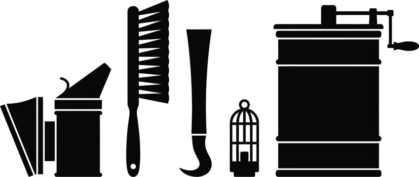 Farm tools and birdcage silhouettes on a white background