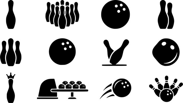 Bowling pins silhouette icon set, flat black glyph style, pure white background
