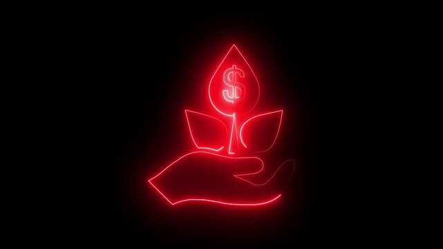 Neon purple hand holding water drops with gear icon and glowing effect on black background 4k motion video animation.