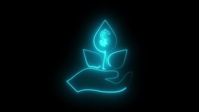Neon purple hand holding water drops with gear icon and glowing effect on black background 4k motion video animation.