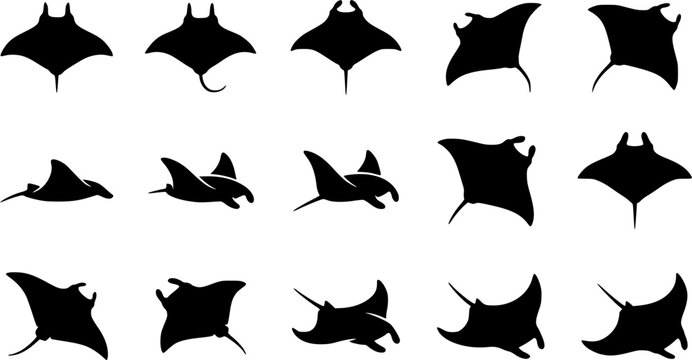 Manta ray Silhouette Icon Set &ndash; Wildlife Action Vector Bundle