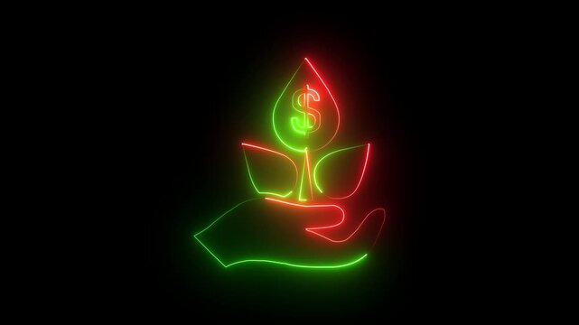 Neon purple hand holding water drops with gear icon and glowing effect on black background 4k motion video animation.