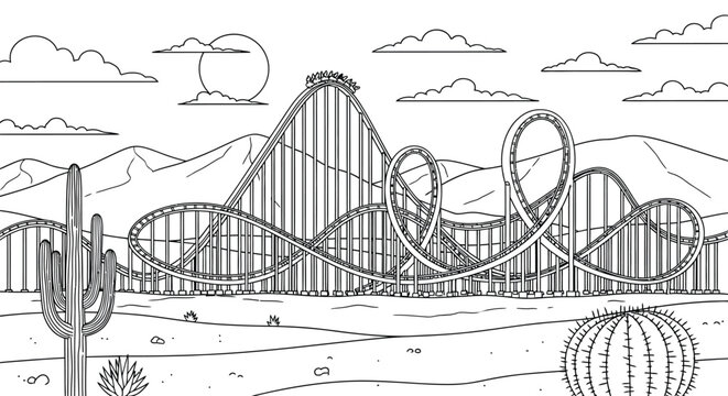 Roller coaster in desert landscape coloring page for kids featuring amusement park ride with loops and cactus plants under bright sun in scenic environment.