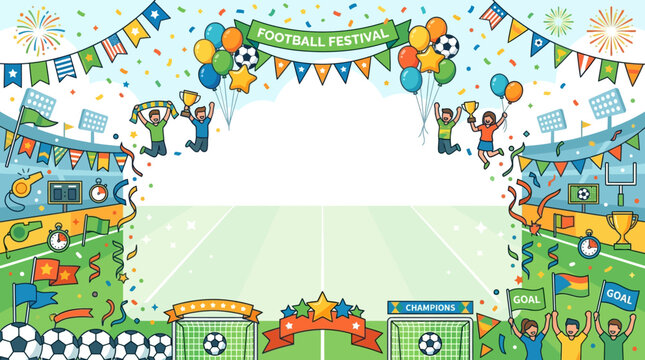 Flat vector football festival background, balloons, flags and sports celebration elements around borders, spacious center layout

