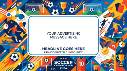 Flat vector sports promotion background, football icons and energetic geometric shapes around borders, clean center for advertising   © Maftuh