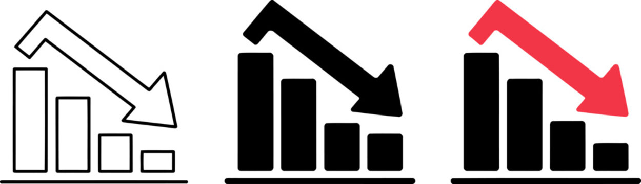 Downward Trend Graph Icon Set with Arrow and Bars chart decline